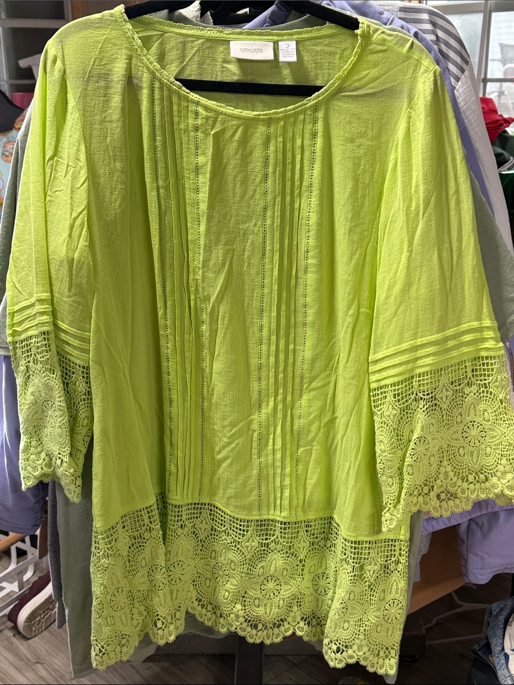 Chico's Neon Lime Crochet-Hem Pintuck Tunic